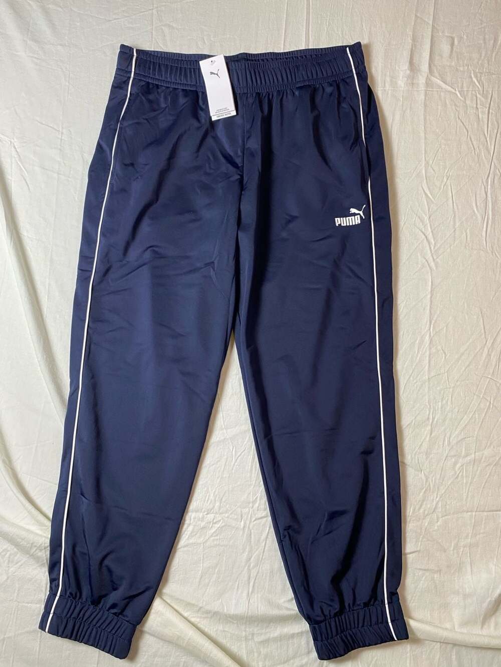 Puma Men's Track Pants with White Side Stripe and Elastic Waist, Navy Blue (1320